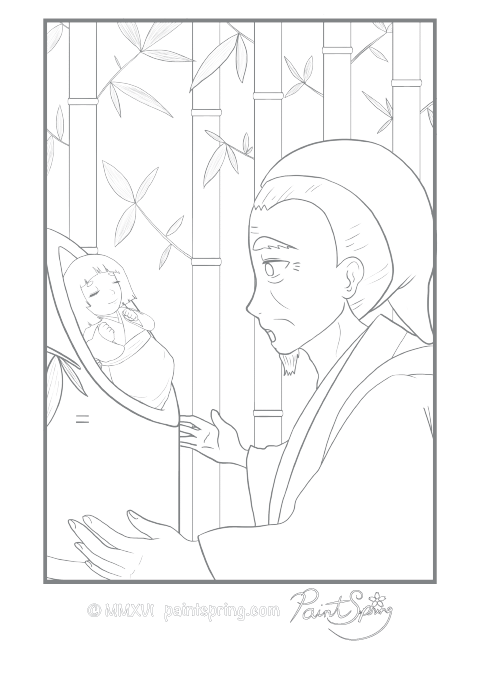 Baby Being Found in a Bamboo Tree Adult Coloring Page