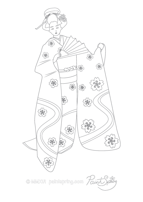 Japanese geisha in traditional attire adult coloring page.