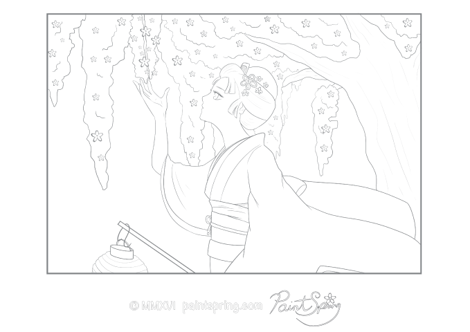 Japanese girl in a kimono looking at cherry blossoms in the spring adult coloring page.