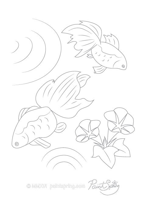 Adult coloring page of a Japanese goldfish swimming with the flower called morning glory or Asagao.