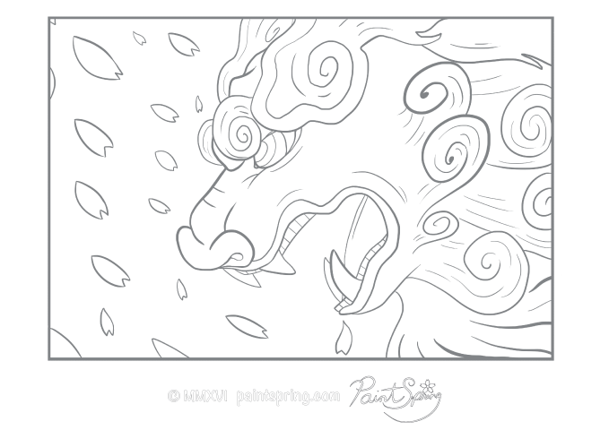 Japanese art of a komainu or lion-dog with cherry blossoms falling adult coloring page.