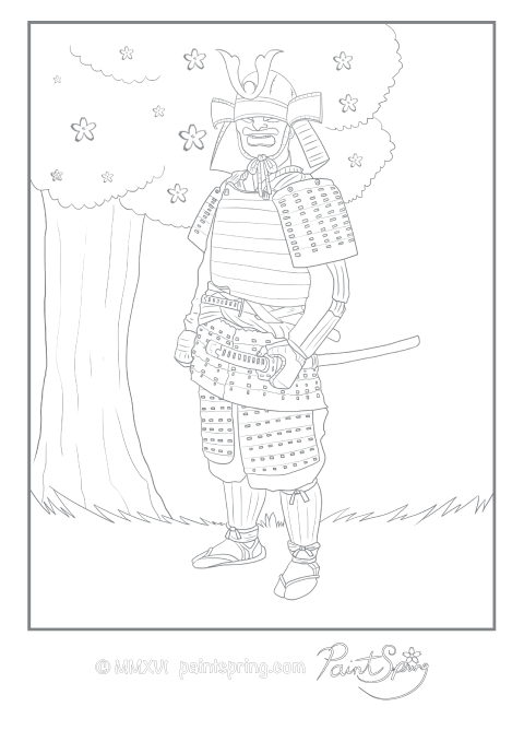 Samurai adult coloring page with cherry blossoms in the background. The samurai is wearing traditional armor.